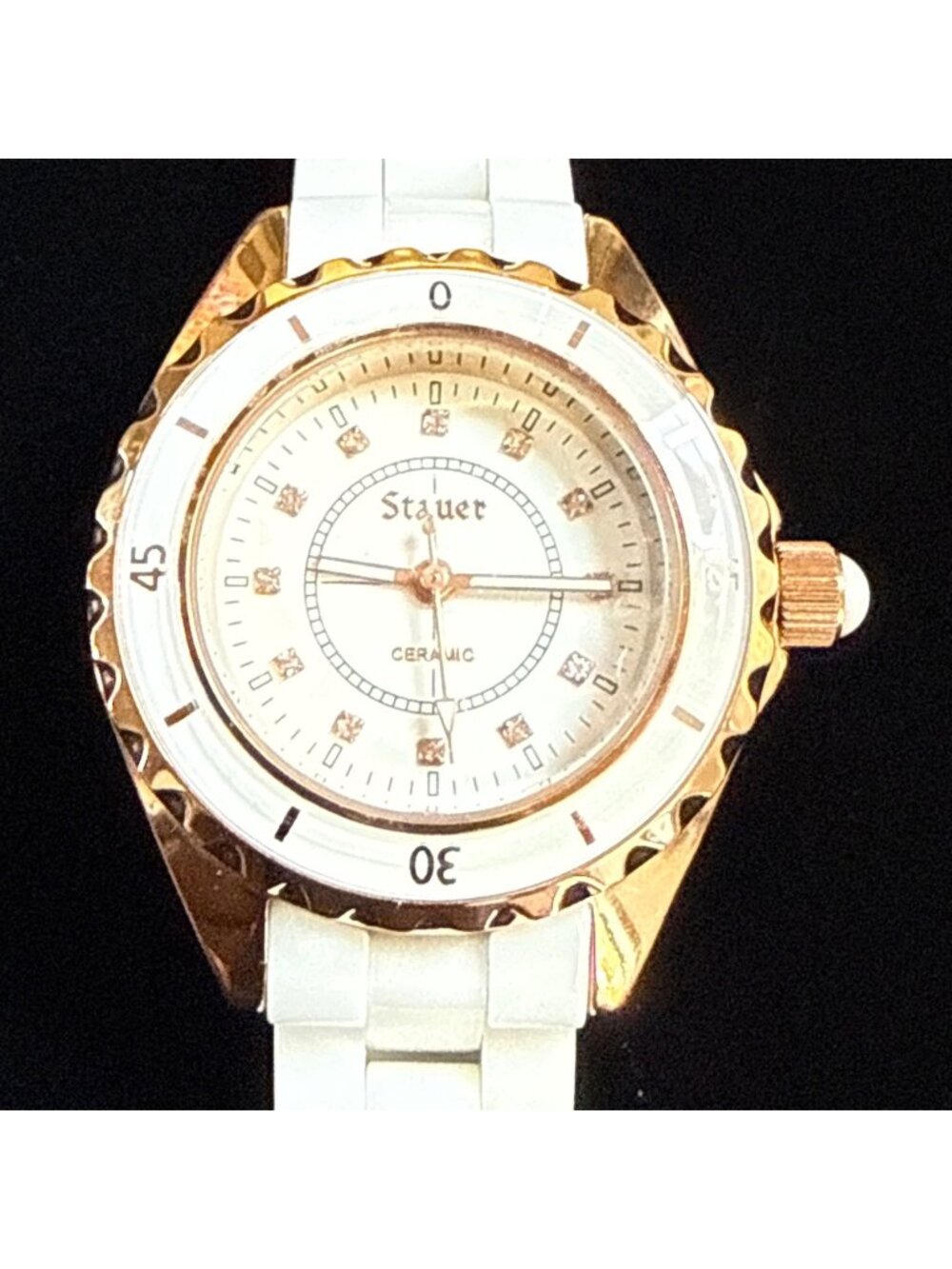 SR626SW NEW 6.5" Stauer Ladies Elegante White Ceramic Watch Rose Gold Crystal 34